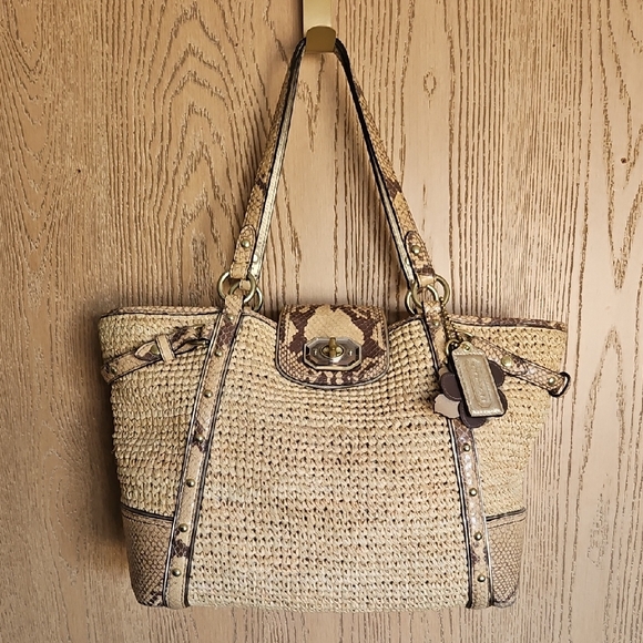 Coach Handbags - Coach Natural Straw Tote with Snakeskin-Trim